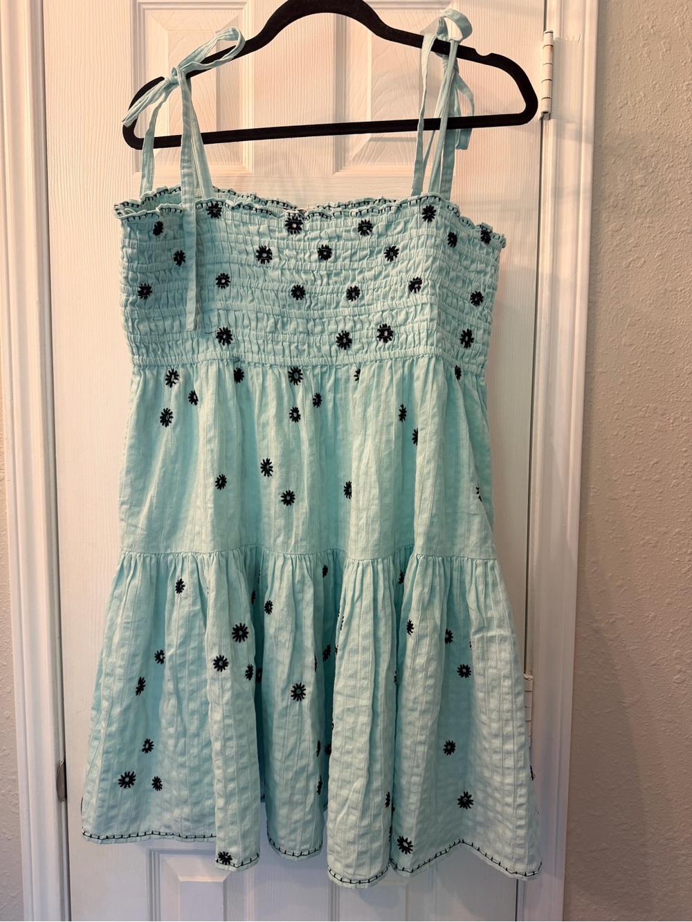 Tanya Taylor Light Blue Sunflower Smocked Sundress Swim Cover up with Tie Straps